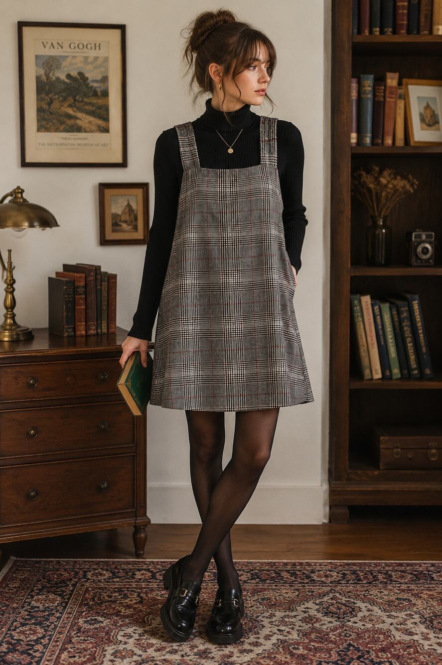 Vintage Plaid Pinafore Jumper Dress Gray Prince of Wales Check Mini Dress ✨